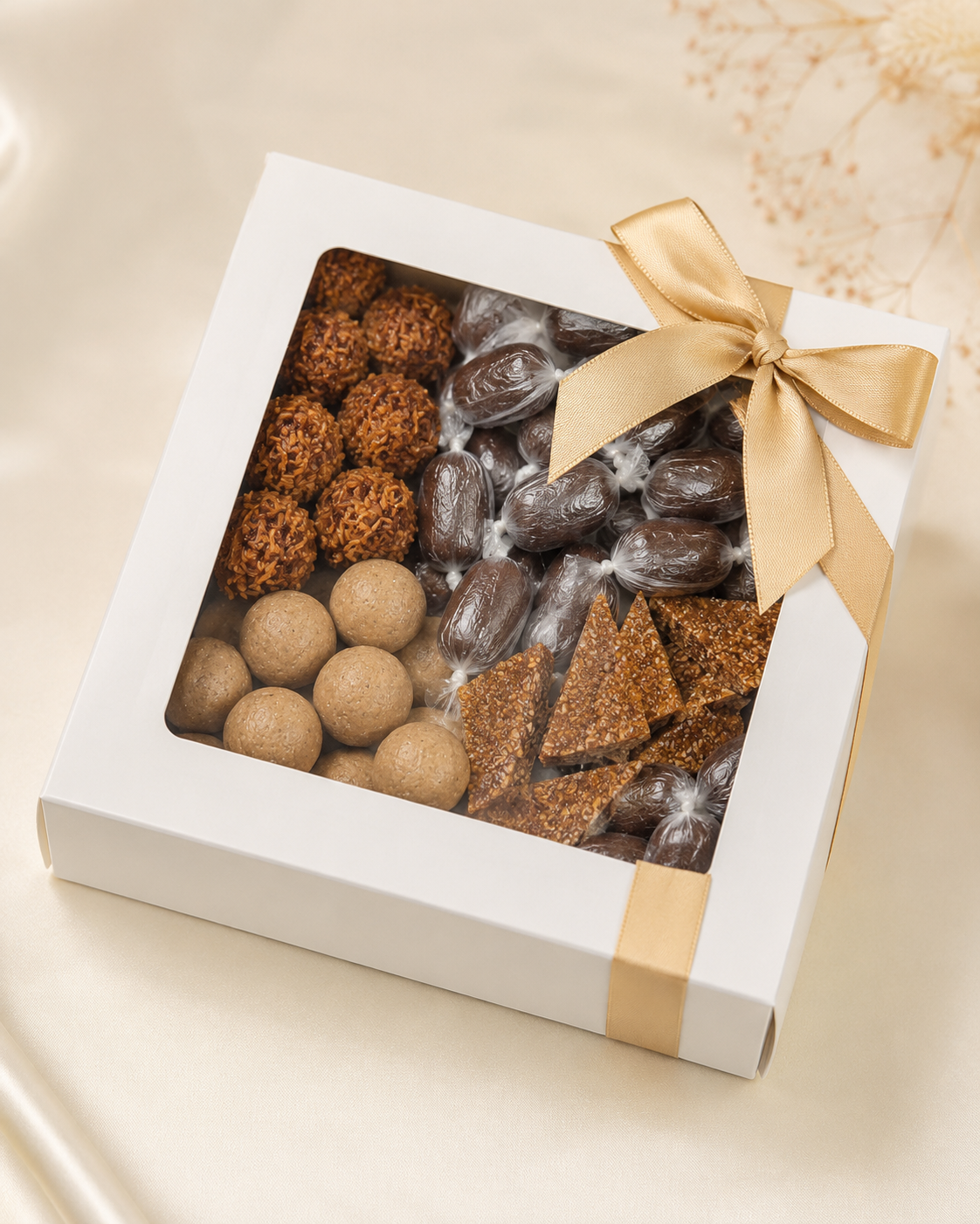 Classic Taste Box in white gift packaging with coconut candy, donkwa, baba dudu and peanut brittle