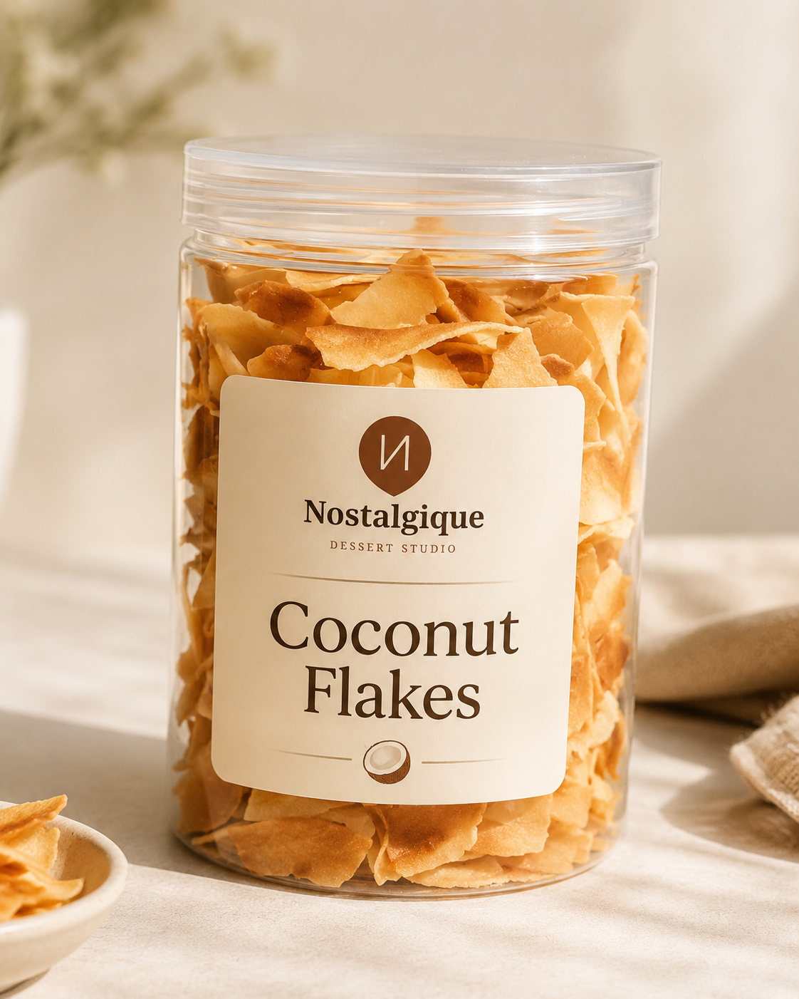 Clear jar of golden Nostalgique coconut flakes with cream branded label