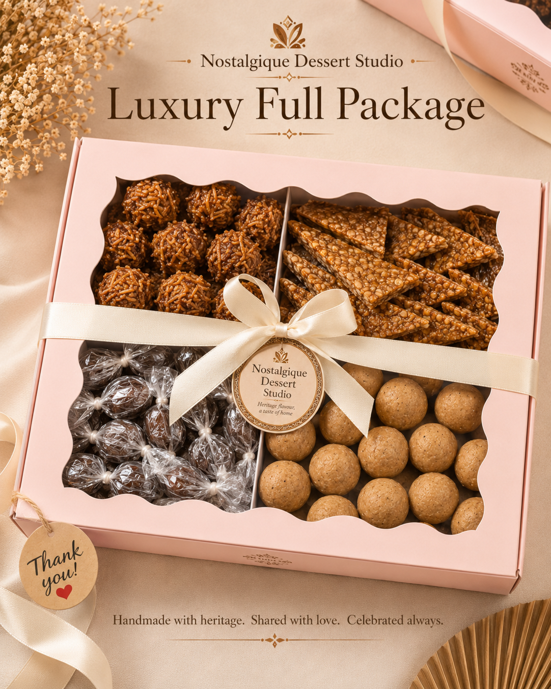 Nostalgique Luxury Full Package pink gift box with a full assortment of nostalgic treats