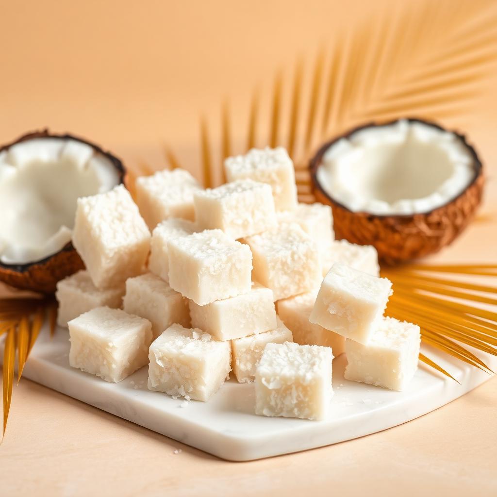 White coconut candy blocks on a marble slab
