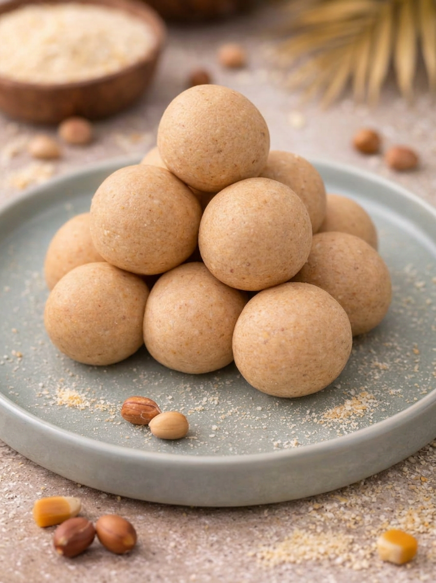 Stack of donkwa peanut balls on a ceramic plate