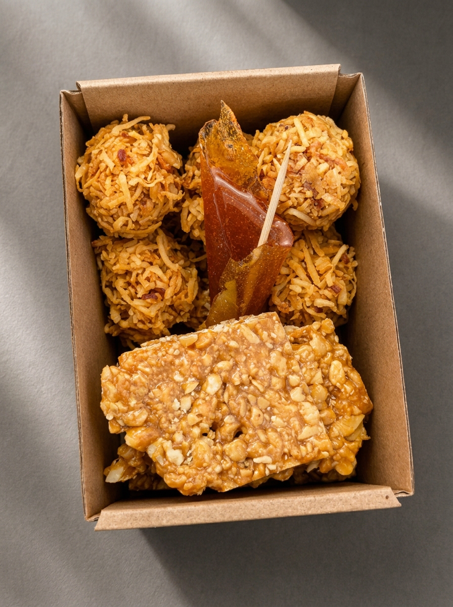 Open Nostalgique kraft box with coconut treats and peanut brittle